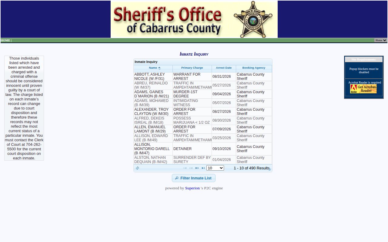 Cabarrus County current arrest custody roster search