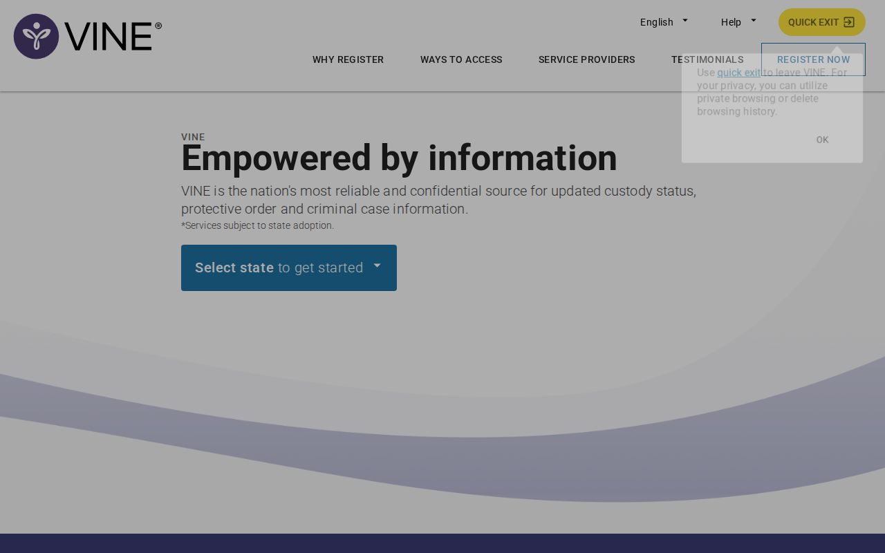 VINELink custody notification registration screen with contact and PIN options