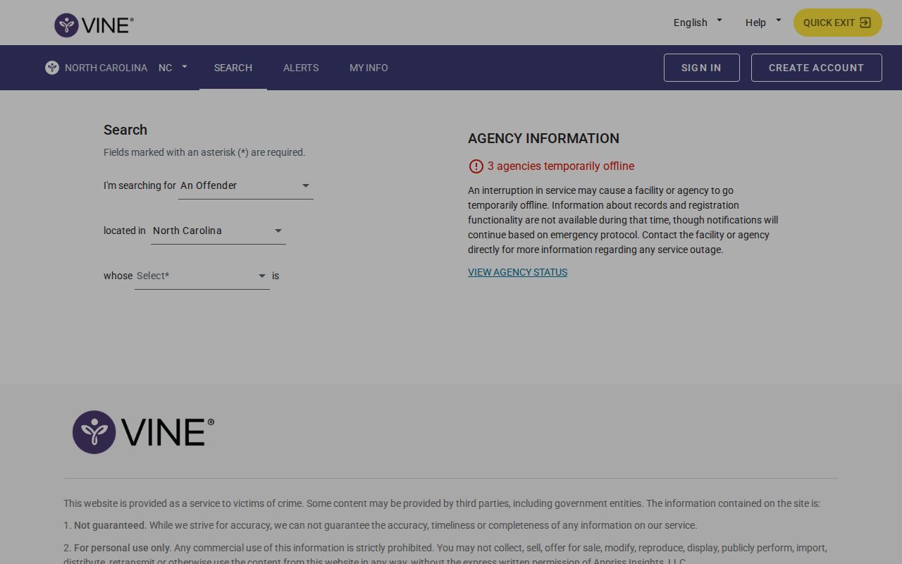 North Carolina VINELink person search screen for a Cabarrus County custody check