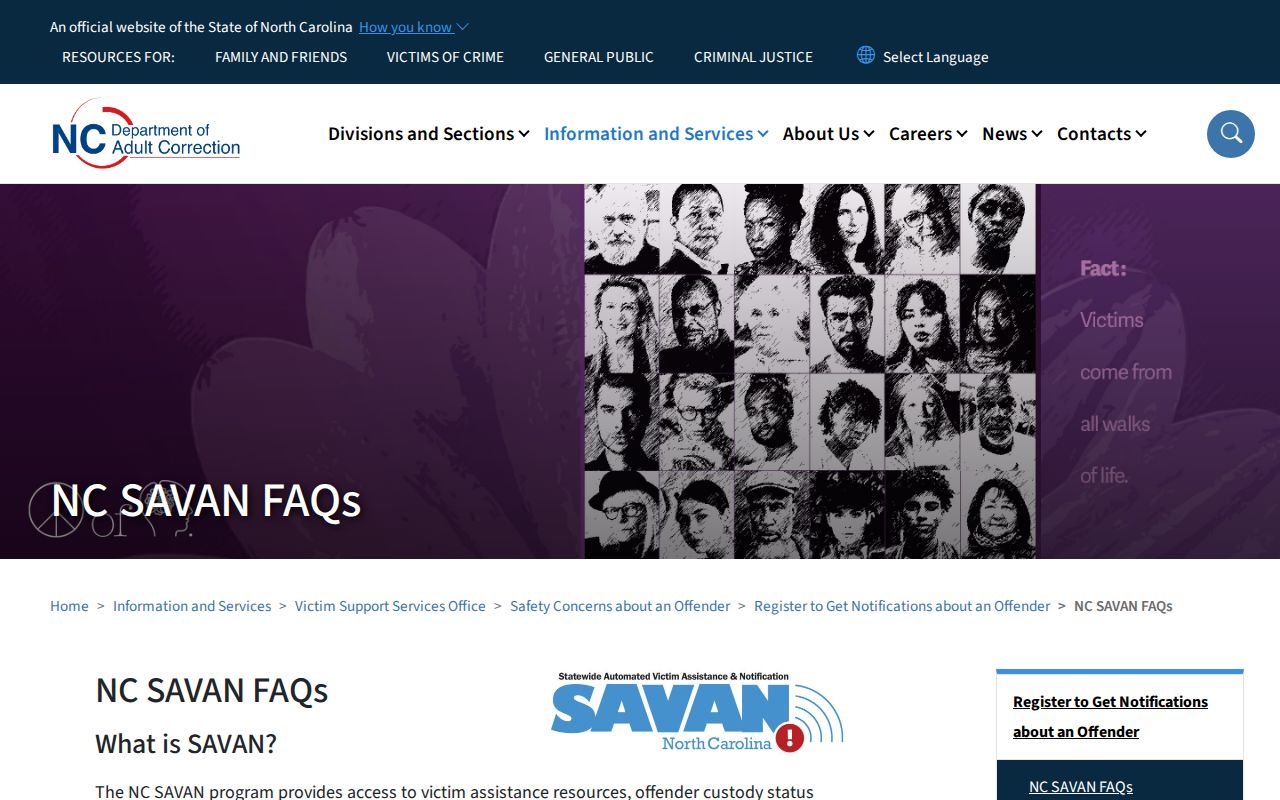 Official NC SAVAN frequently asked questions about custody alerts and notification timing