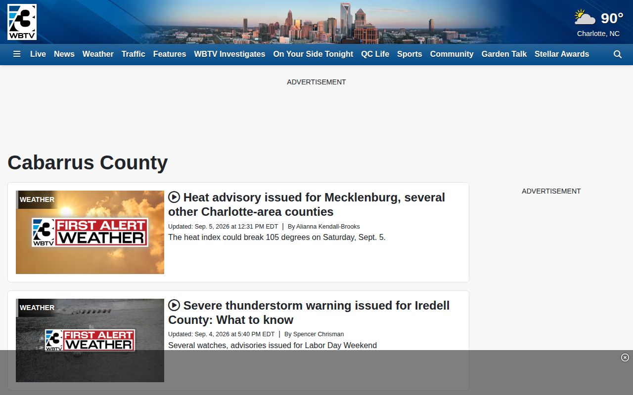 WBTV Cabarrus County news section with selected local crime coverage