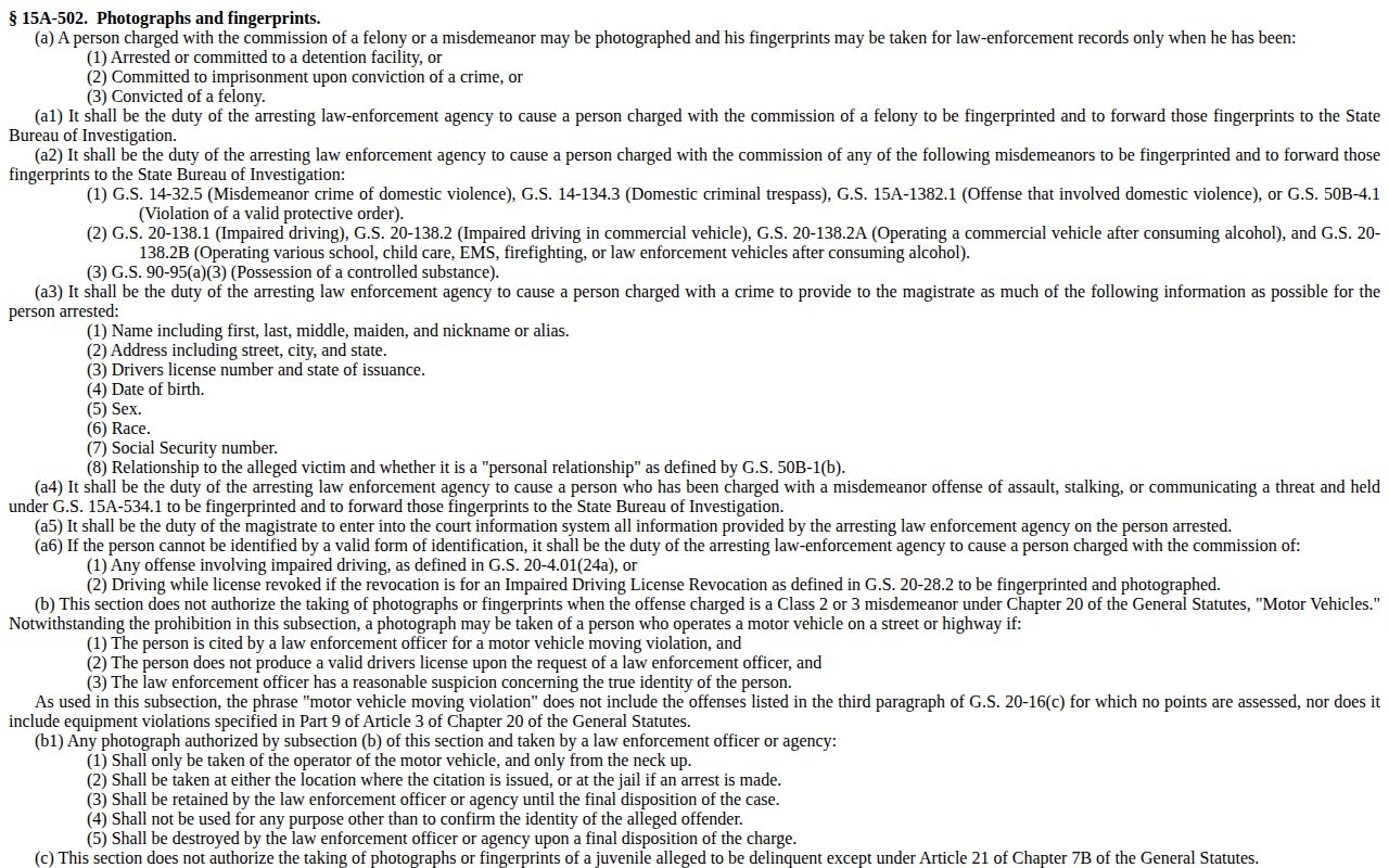 North Carolina law affecting Cabarrus County arrest booking photographs