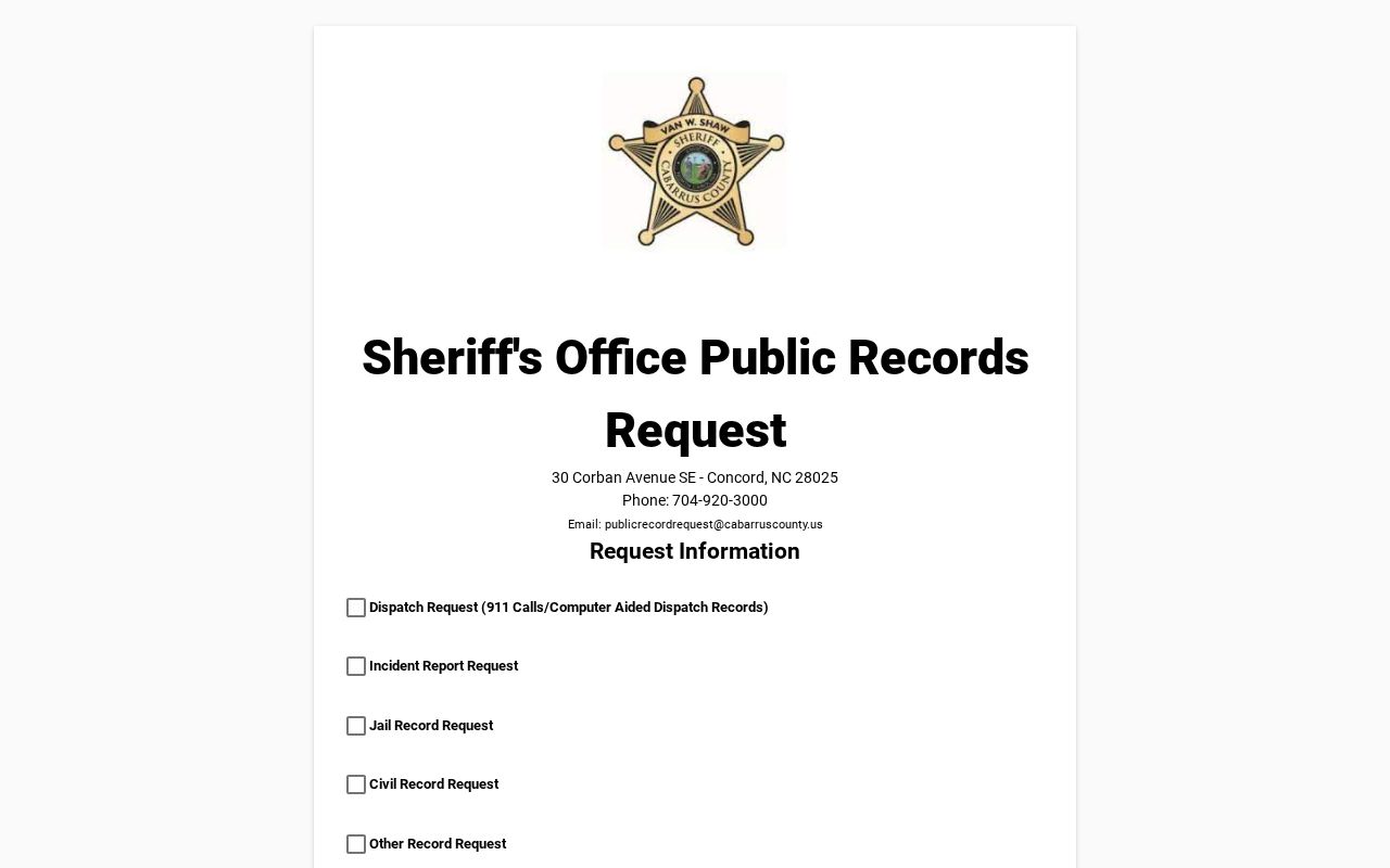 Cabarrus County Sheriff arrest records request instructions